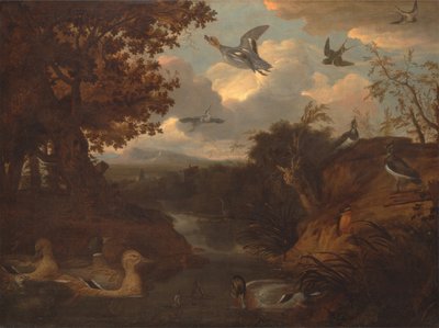 Enten und andere Vögel an einem Bach in einer italienischen Landschaft von Francis Barlow